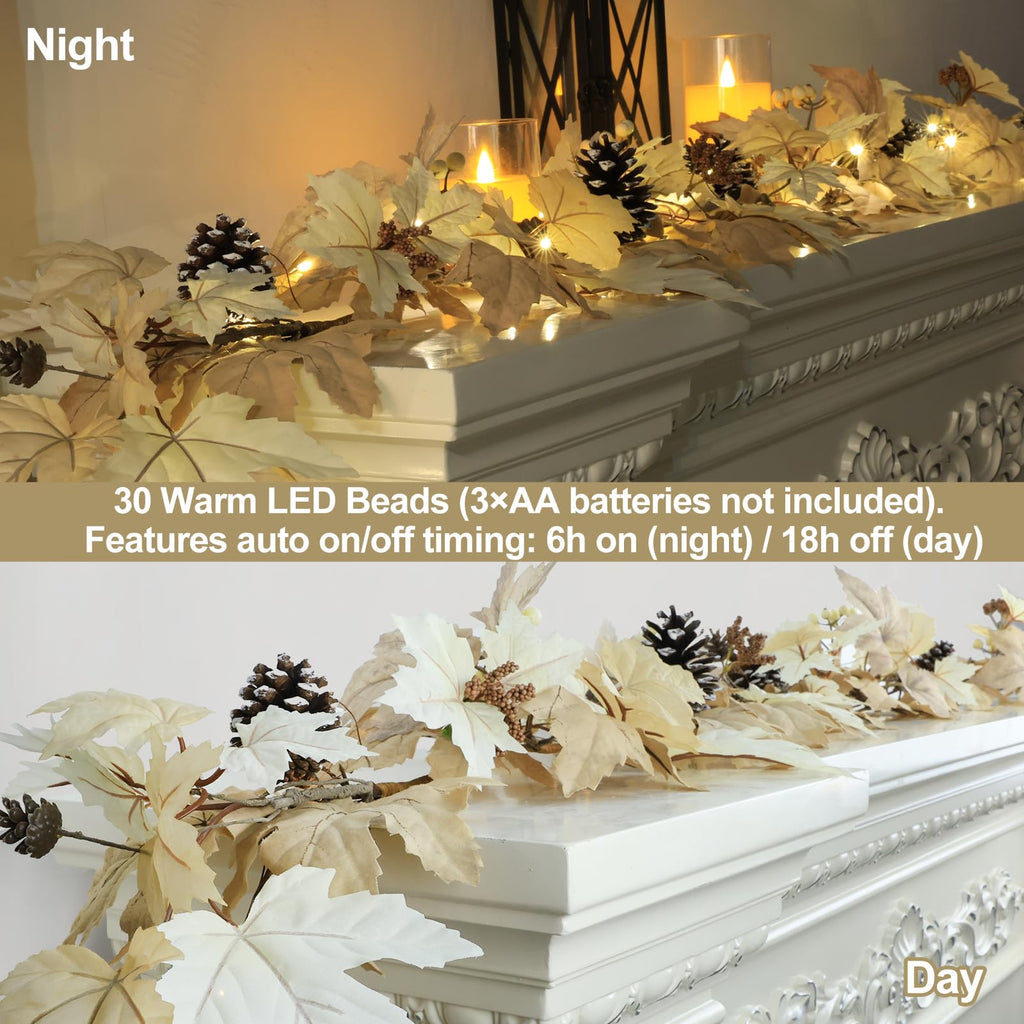 6 FT Fall Garland with Lights & Timer with Berries Pine Cones