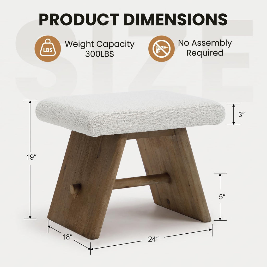 Upholstered Boucle Ottomans Set of 2, Reclaimed Pine Wood
