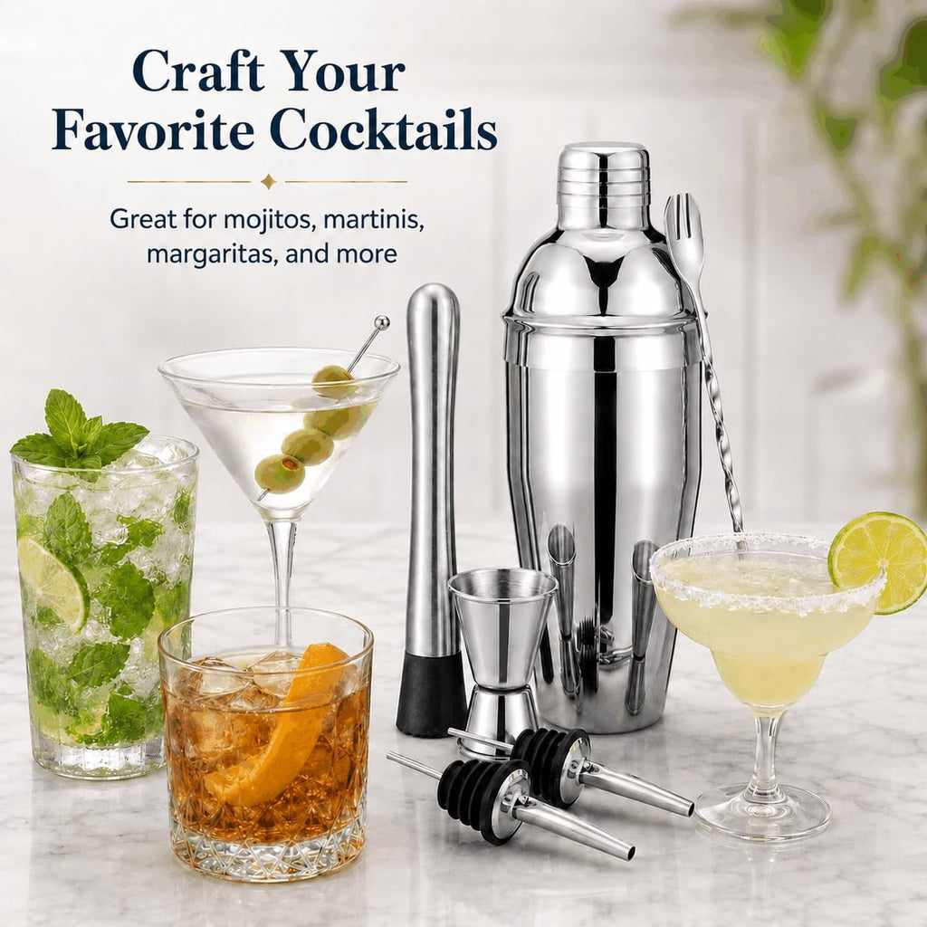 Cocktail Shaker Set, 6-Piece 18/8 Food-Grade Stainless Steel Mixology Bartender Kit - Premium Bar Tools with Muddler - Set of 6