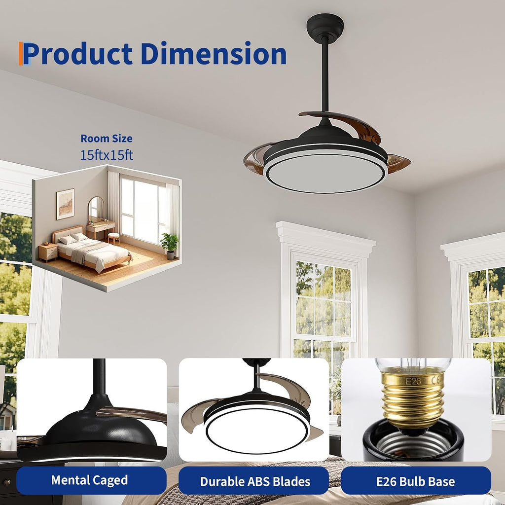 42 Inch Retractable Ceiling Fan with Lights and Remote Control - Invisible Blades Low Profile Ceiling Fan with 36W
