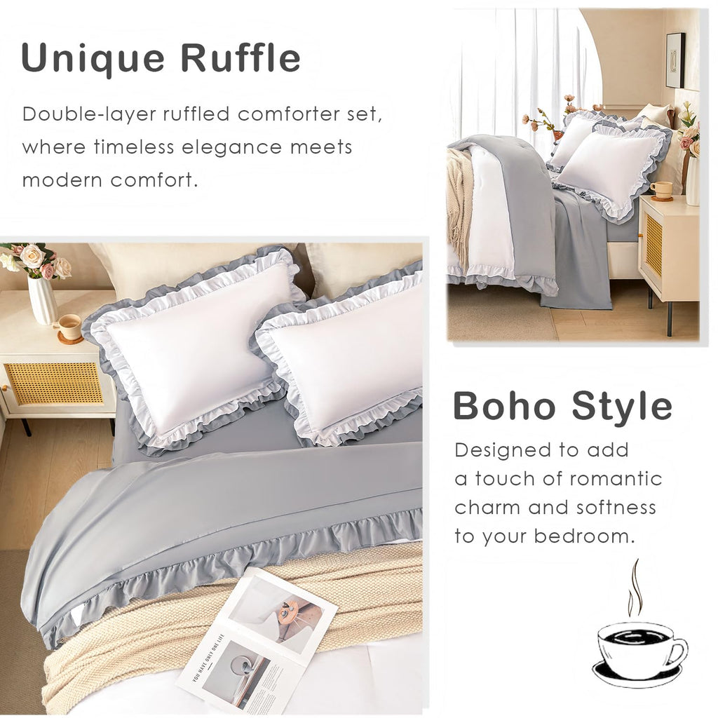 Ruffled Comforter Set White - Double Ruffle White Comforter 5 Piece Vintage Shabby Chic Bedding - Fluffy