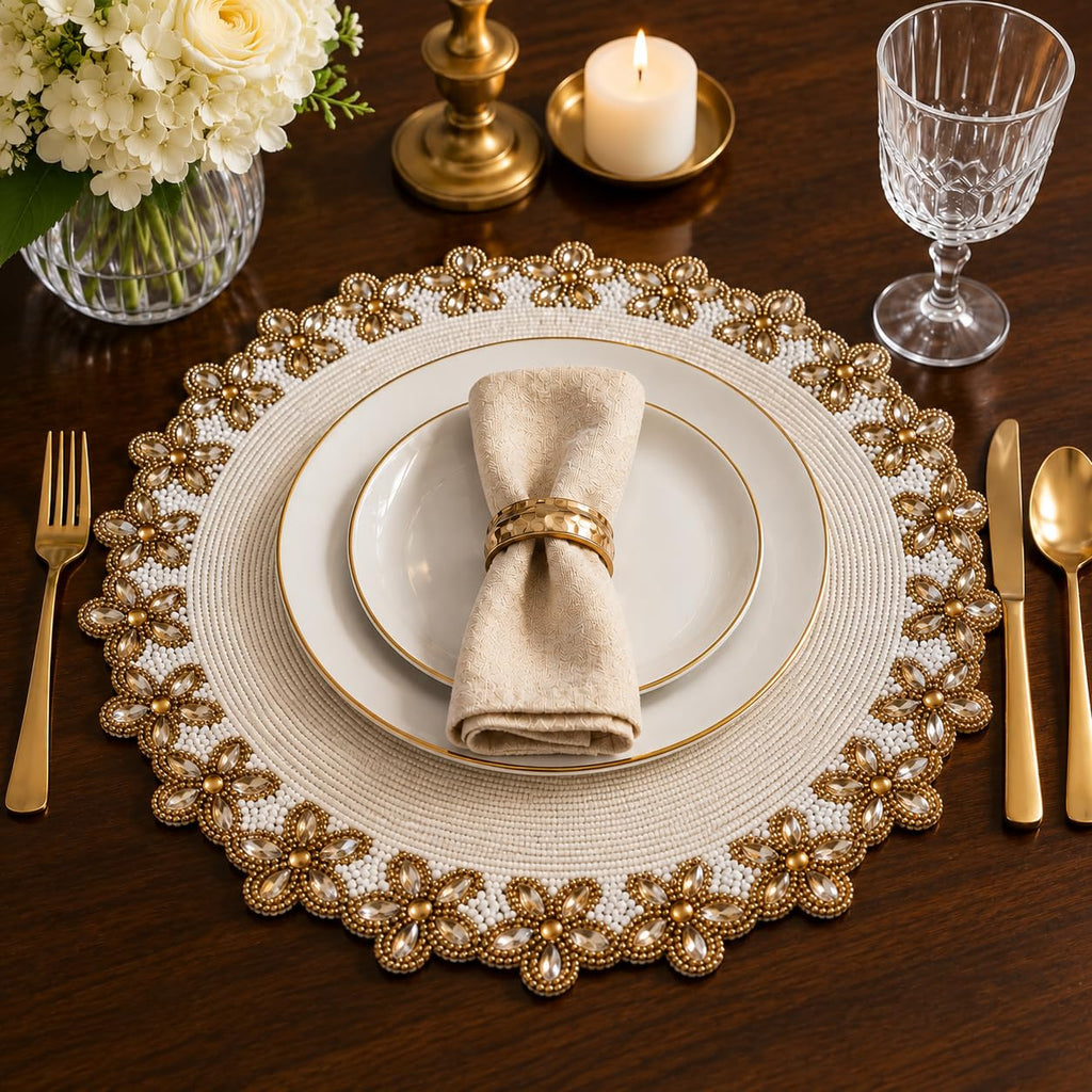 Beaded Placemats for Dining Table Ivory Gold - Measure 13 Inches