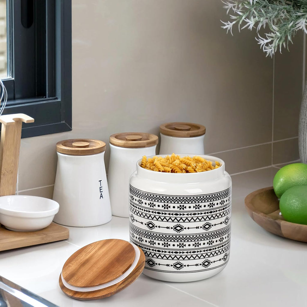 Kitchen Canister, Ceramic Large Food Storage Jar with Airtight Seal Wooden Lid, 100 Fl Oz Porcelain Food Storage