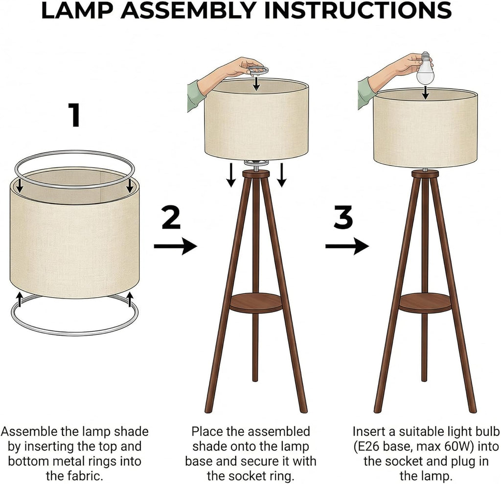 Modern Floor Lamp with White Drum Shade, Wood and Metal Construction, Adjustable Height
