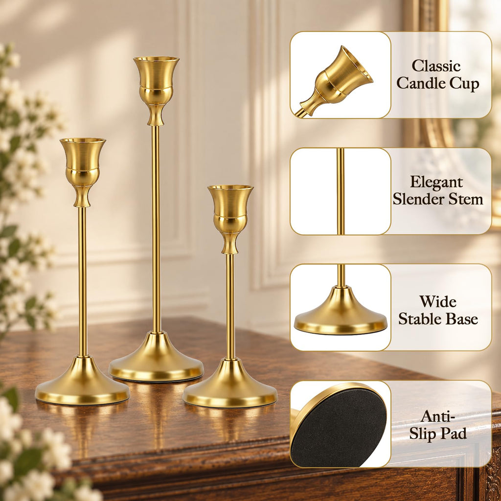 Gold Candle Holders for Candlesticks 8 Sets(24 PCS), Tapered Candlestick Holders with 3 Heights, Metal Vintage Candle