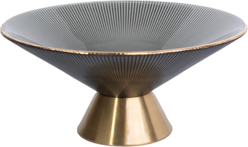 Tapered Glass Decorative Bowl(Gray), 9.8 Inches Handblown Striped Glass Bowl with Gold Trim and Rust Resistant Metal