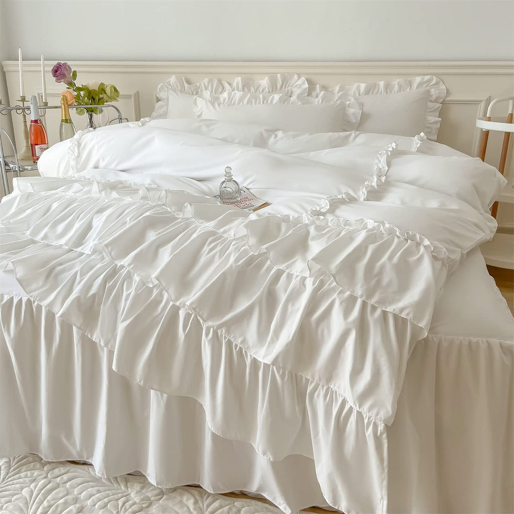 Ruffle Duvet Cover, 100% Washed Microfiber 3pcs Bedding Duvet Cover Set, Shabby Chic Farmhouse Duvet Cover