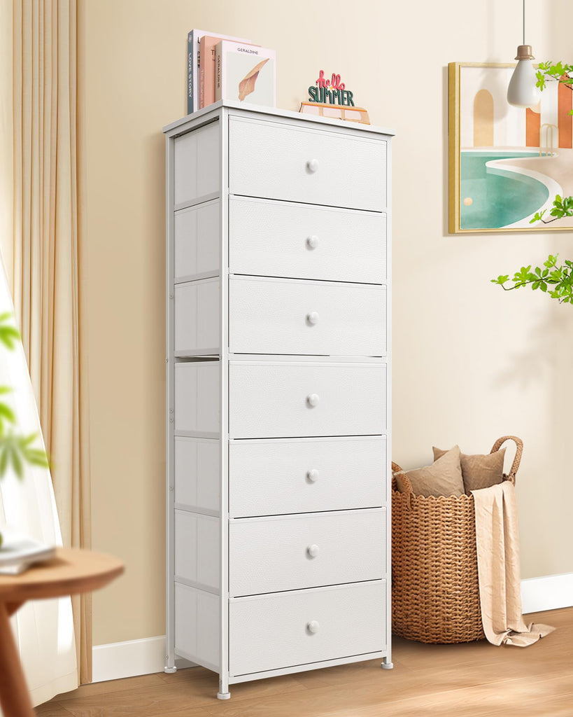 Tall Fabric Dresser, Vertical Storage Organizer Tower with 7 Drawers, Chest of Drawers with Bins, Steel Frame, Wood