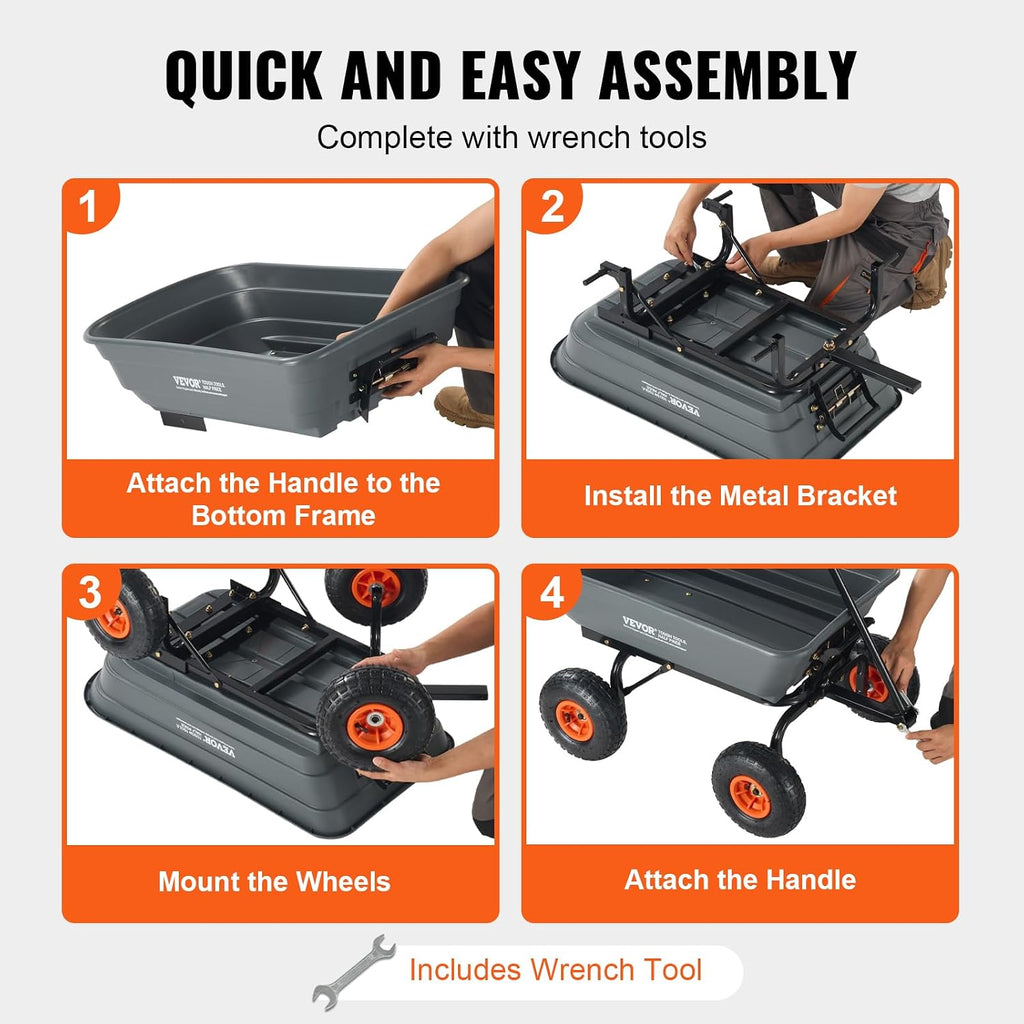 Poly Garden Dump Cart 4 Cu.Ft. 600 lbs 4 Wheel Wheelbarrow Dump Wagon | For Orchard Farm, Adjustable Handle, Heavy