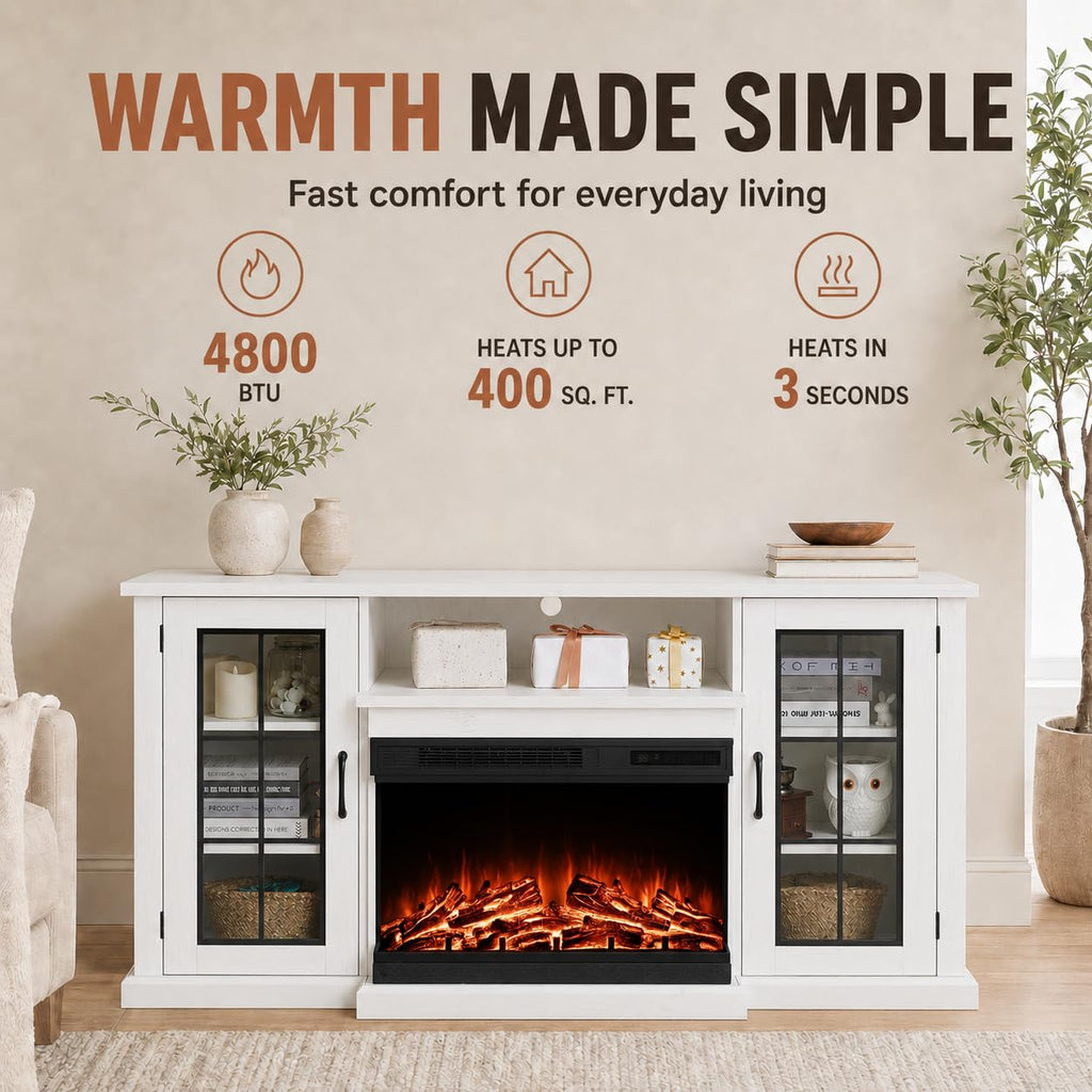 59" Farmhouse Fireplace TV Stand, Rustic Media Entertainment Center