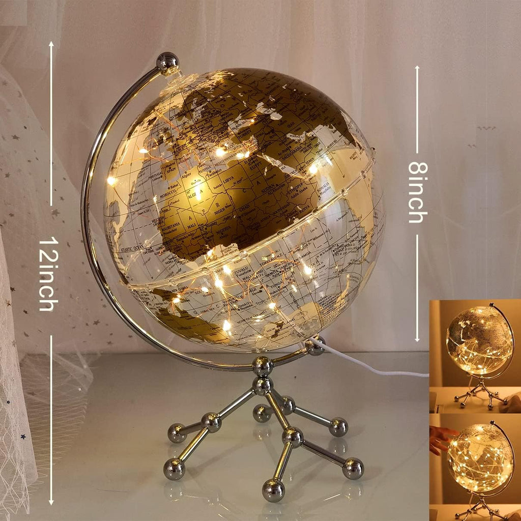 8'' World Globe, Clear Metal Globe with Built-in Gypsophila LED Strip Decor, Office Desktop, Study Education
