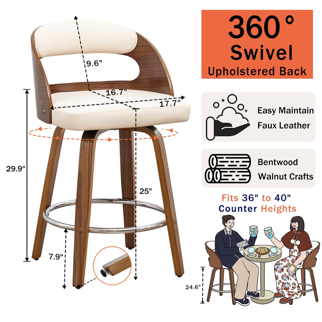 Mid Century Counter Stools with Walnut Bentwood Frame, 25" Seat Height