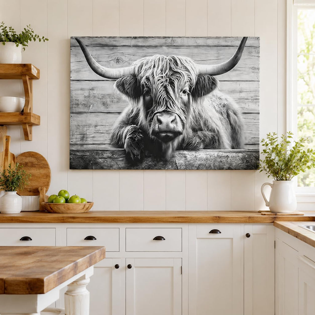 Large Highland Cow Canvas Wall Art Black and White Pasture Hairy Cow Pictures Vintage Wooden Panel Background Cow