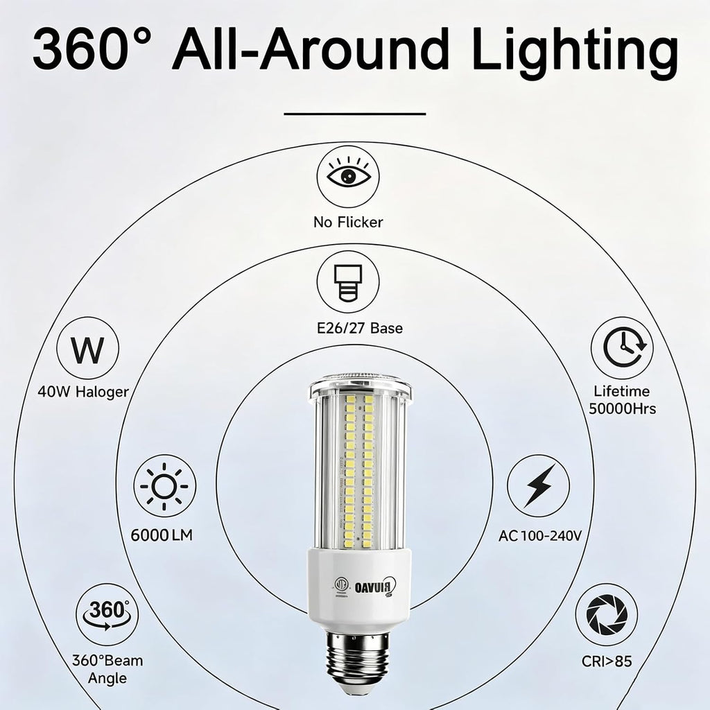 40W LED Corn Bulb, 5500 Lumens Super Bright 320W Equivalent, Daylight White E26/E27 Base Corn Cob Light, Energy