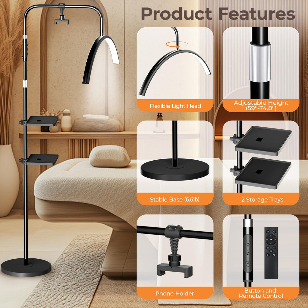 Half Moon Lash Light Dimmable Esthetician Floor Lamp, 2 Trays