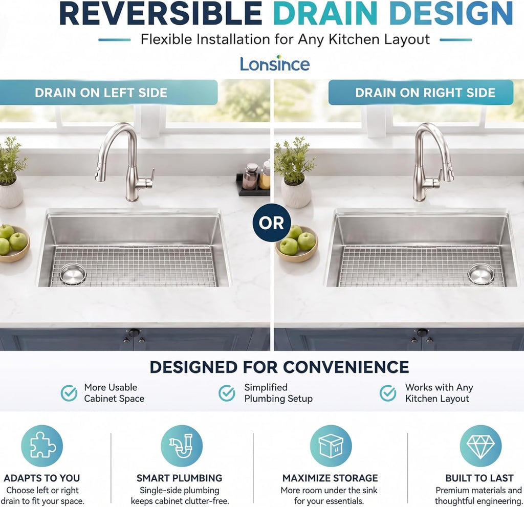 Undermount Kitchen Sink 32 inch,16 Gauge Stainless Steel Workstation Sinks,Large Single Bowl Kitchen Sink Offset