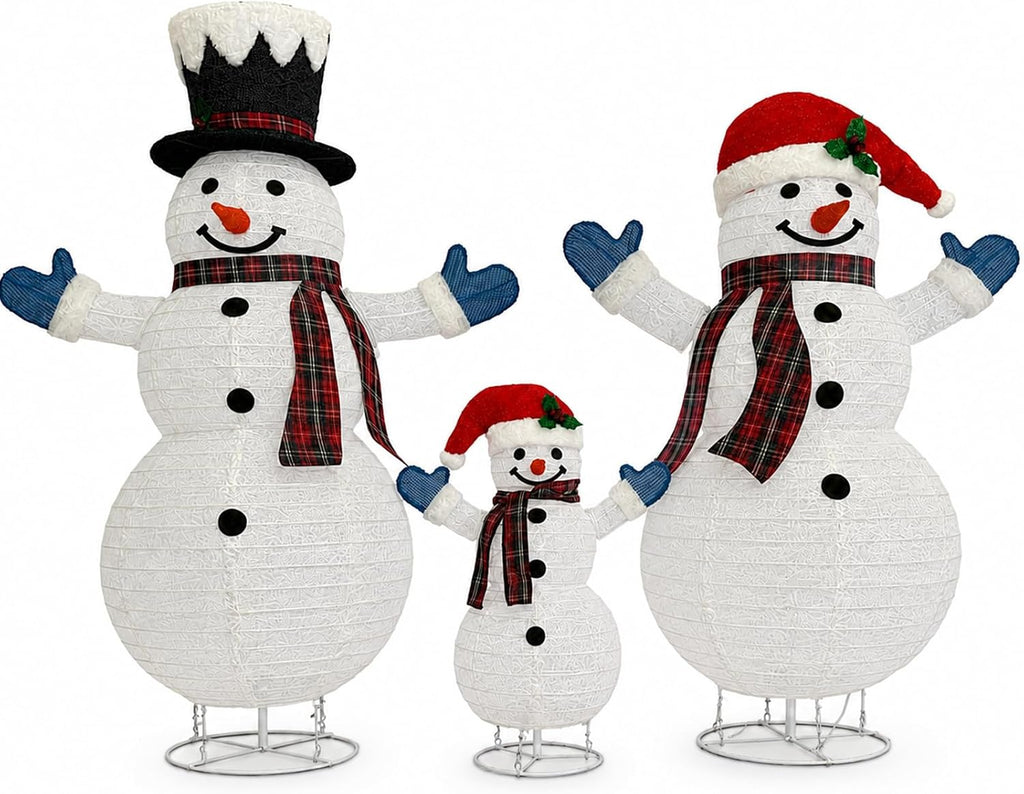 3-Piece 3D Lighted Snowman Family Set Outdoor Christmas Decorations Outdoor Snowman Decorations Collapsible Snowmen
