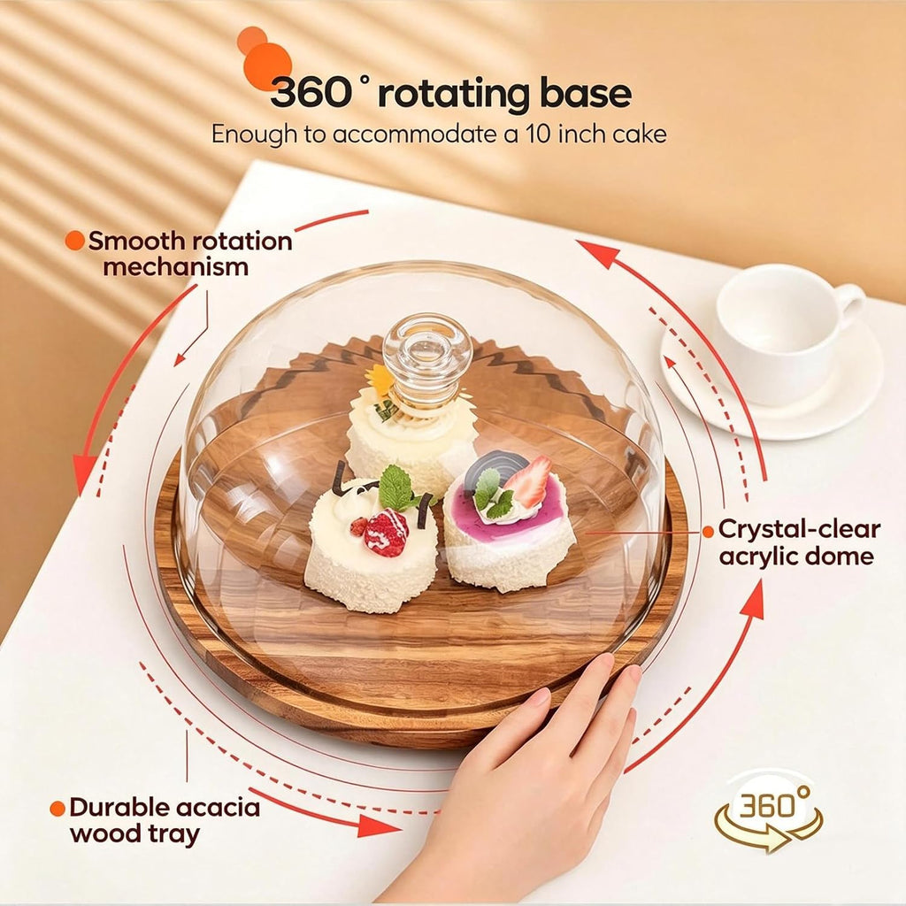 Cake Stand with Lid, 10.8'' Shatterproof Acrylic Dome (Not Glass), 11.8'' Rotating Acacia Wood Cake Display Stand