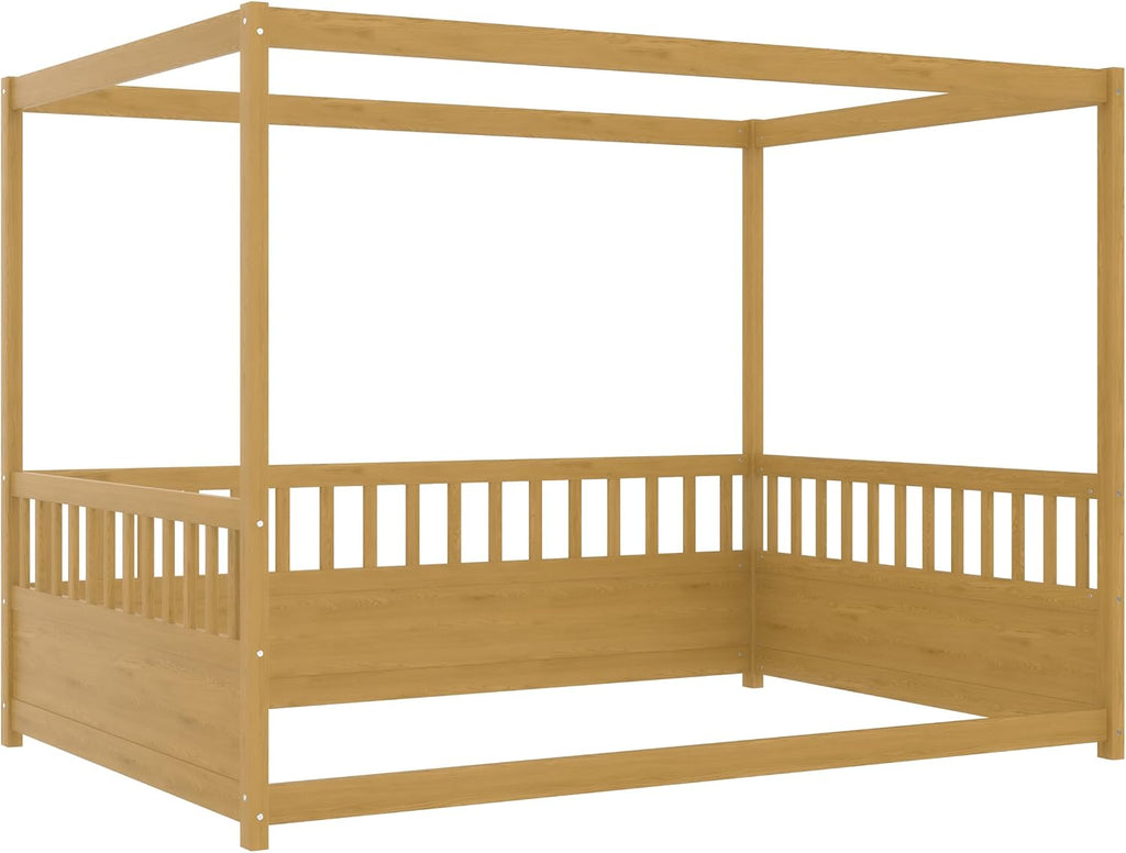 Canopy Bed Frame with 4 Posters and Guardrails, Montessori Floor Bed with High Fence, Natural