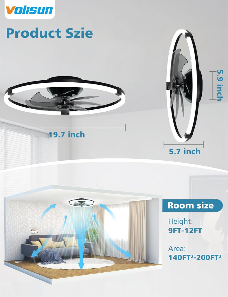Low Profile Ceiling Fan with Lights and Remote, 19.7in Black