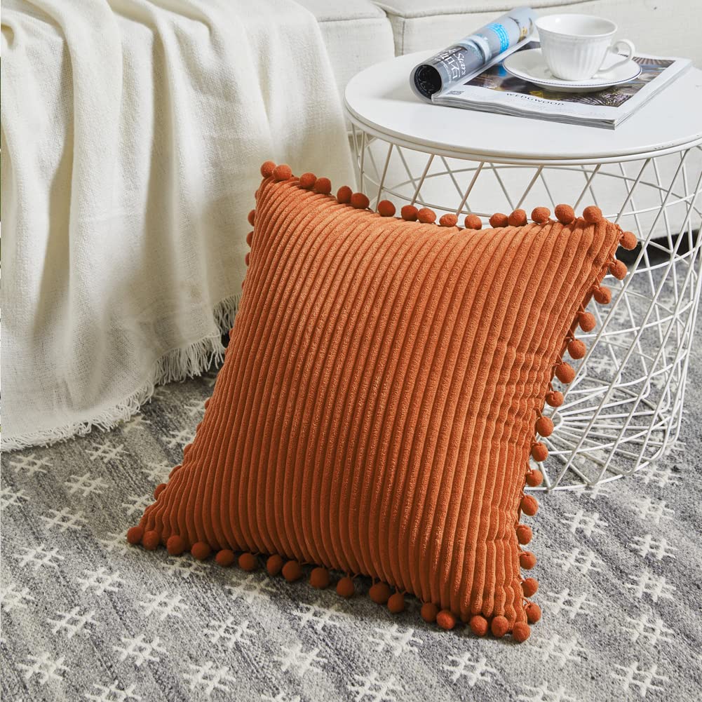 Pack of 2 Rust Fall Decorative Throw Pillow Covers 20x20 Inch with Pom-poms Couch Bedroom, Soft Corduroy Terracotta