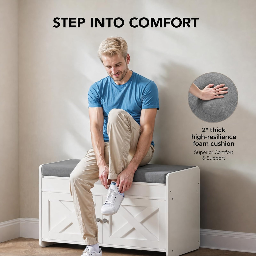 Shoe Storage Bench with Seating, Farmhouse Entryway Bench, Cream