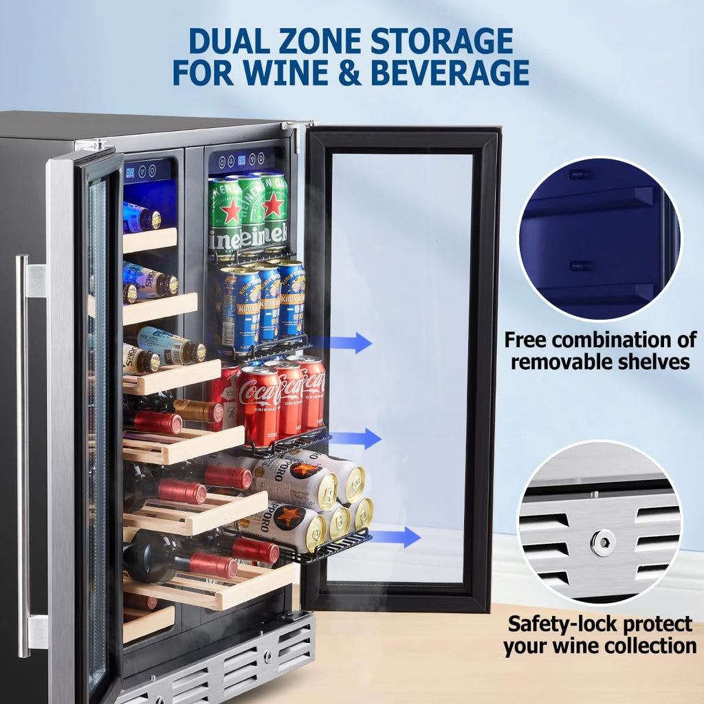 24 inch Wine Fridge Hold 21 Bottles and 75 Cans,Dual Zone Wine and Beverage Refr