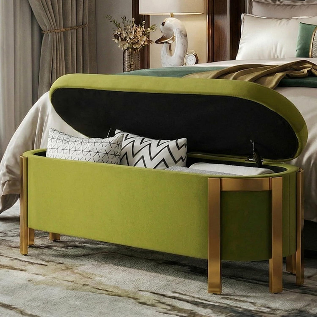 48" Velvet Storage Bench with Gold Legs, Olive Green | End of Bed Ottoman Bench with Hidden Storage