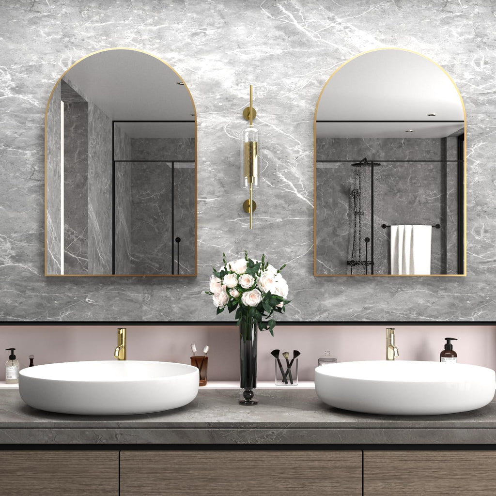 Wall Mounted Mirror, Arched Wall Mirror, 24"x36" Arch Bathroom Mirror with Metal Frame, Gold Vanity Mirror Decor