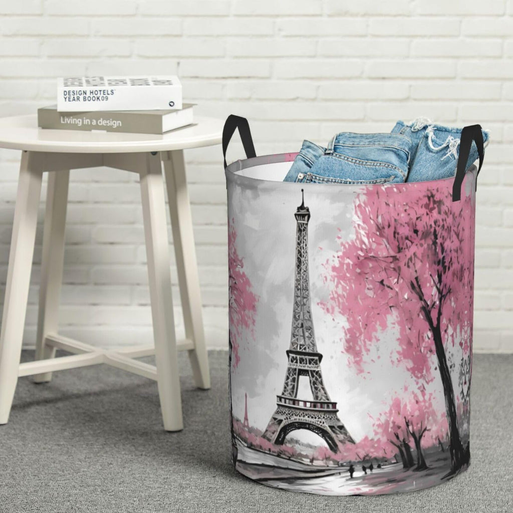 62l Round Laundry Hamper Retro Paris Eiffel Tower Storage Basket Waterproof Coating Organizer Bin Clothes Toys