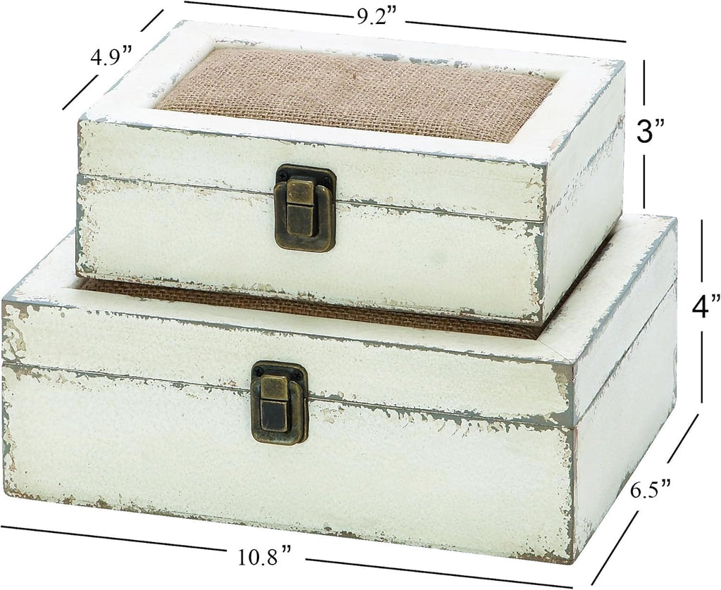 Rustic Ivory Decorative Storage Boxes with Lids, Farmhouse Wooden Boxes Decor, Keepsake Boxes Memory Gift - Set of 2