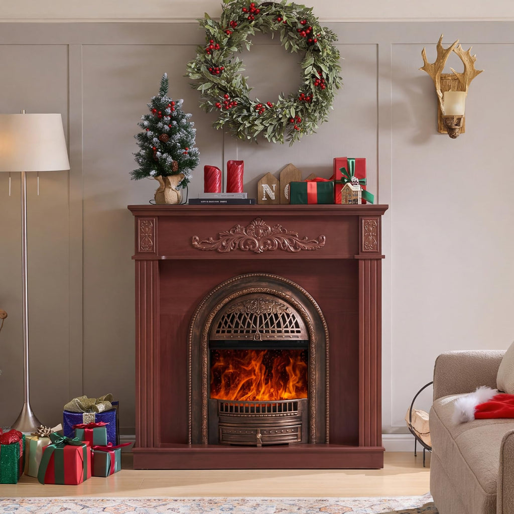 45" Electric Fireplace with Mantel, Cherry Red Farmhouse FreeStanding Electric Fireplace Heater Entertainment Center