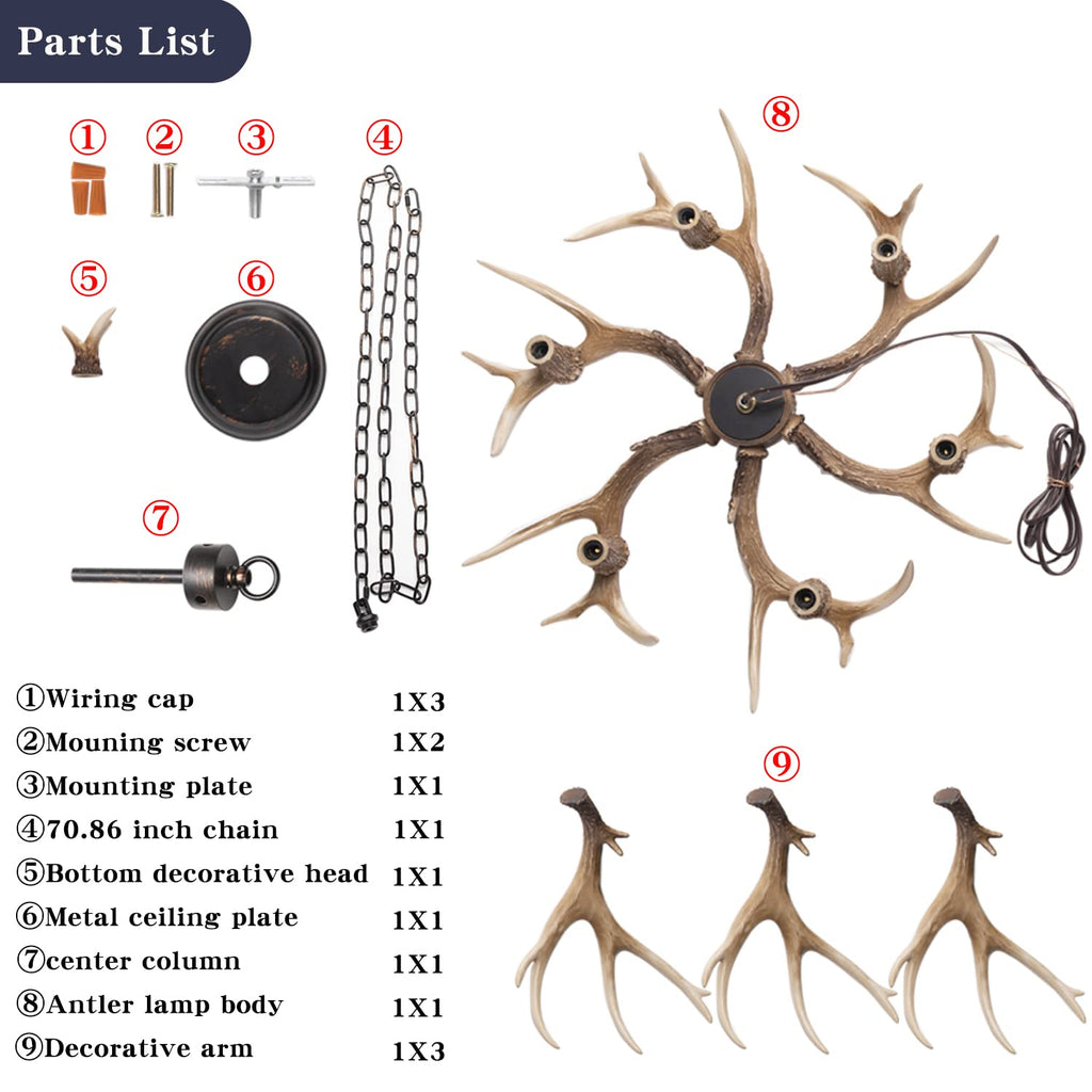 Pre-Assembled 6-Light Resin Faux Deer Antler Chandelier, Rustic