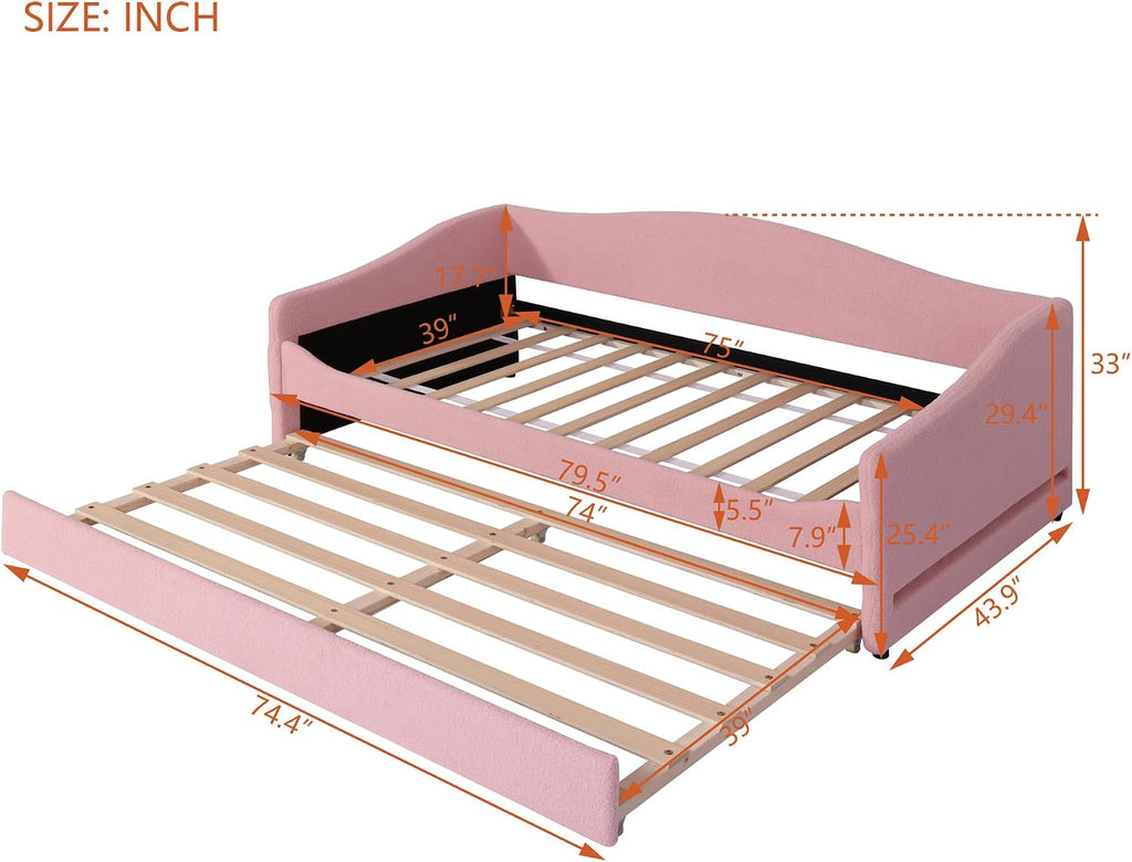 Full Size Upholstered Daybed with Trundle and LED Lights, Modern Wood Teddy Fleece Bed Frame with Slats Support and