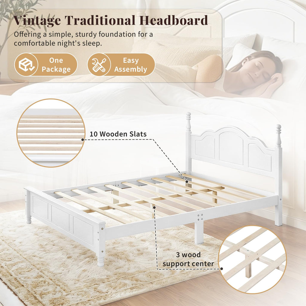 White Wood Bed Frame Full Size with Wave Shaped Gothic Headboard