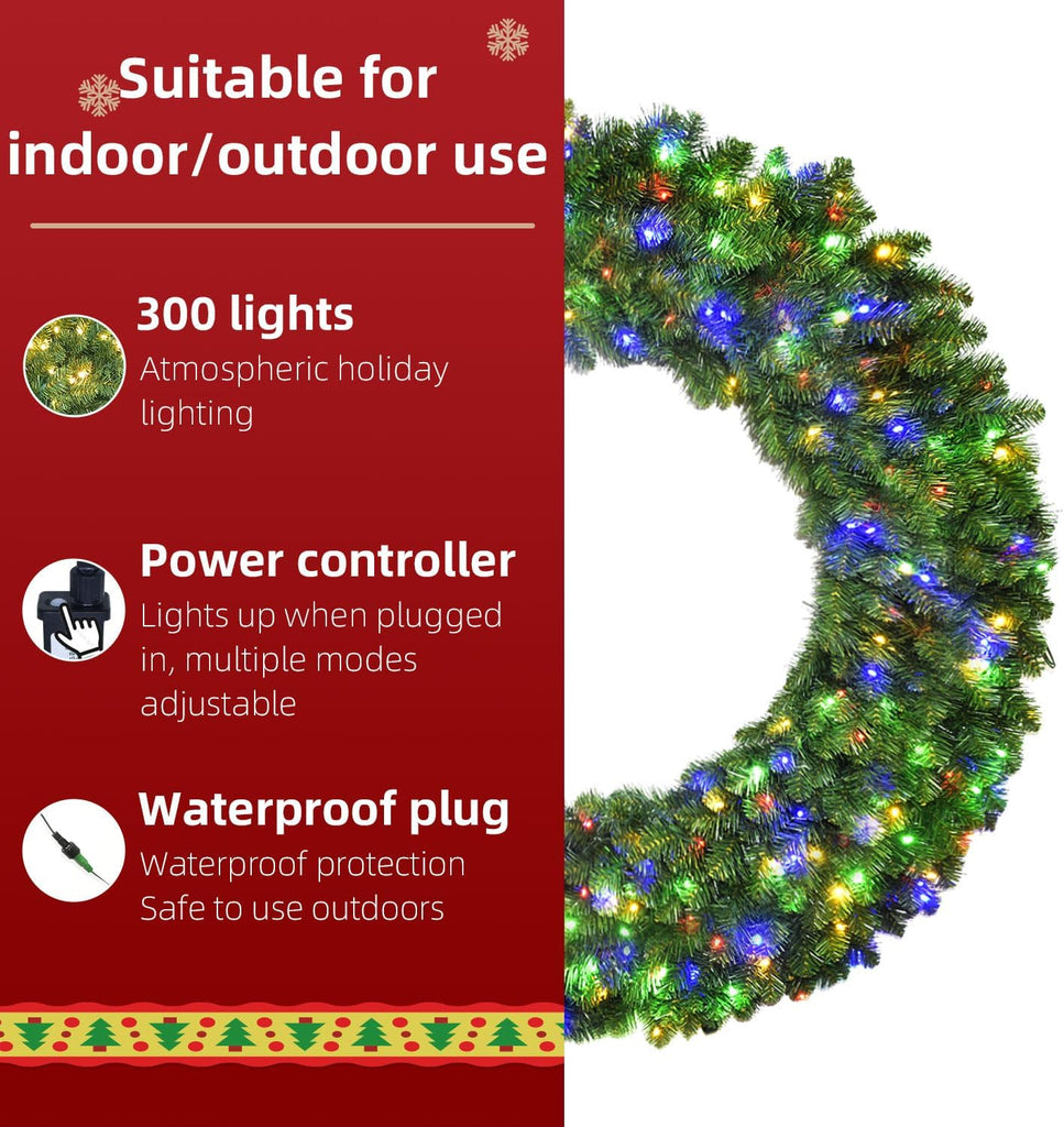 60in Large Christmas Wreath - Lighted Wreaths Holiday Decor, Outdoor Wreath with 300 Colorful LEDs, 930 PVC Tips, 9