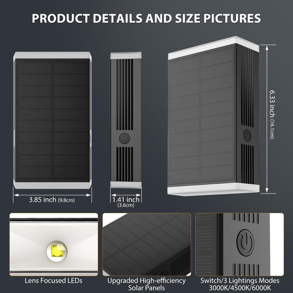 Solar Wall Light Outdoor, 3000/4000/6000K 3 Modes Dusk to Dawn Lighting Wall Sconce IP67 Waterproof Up and Down