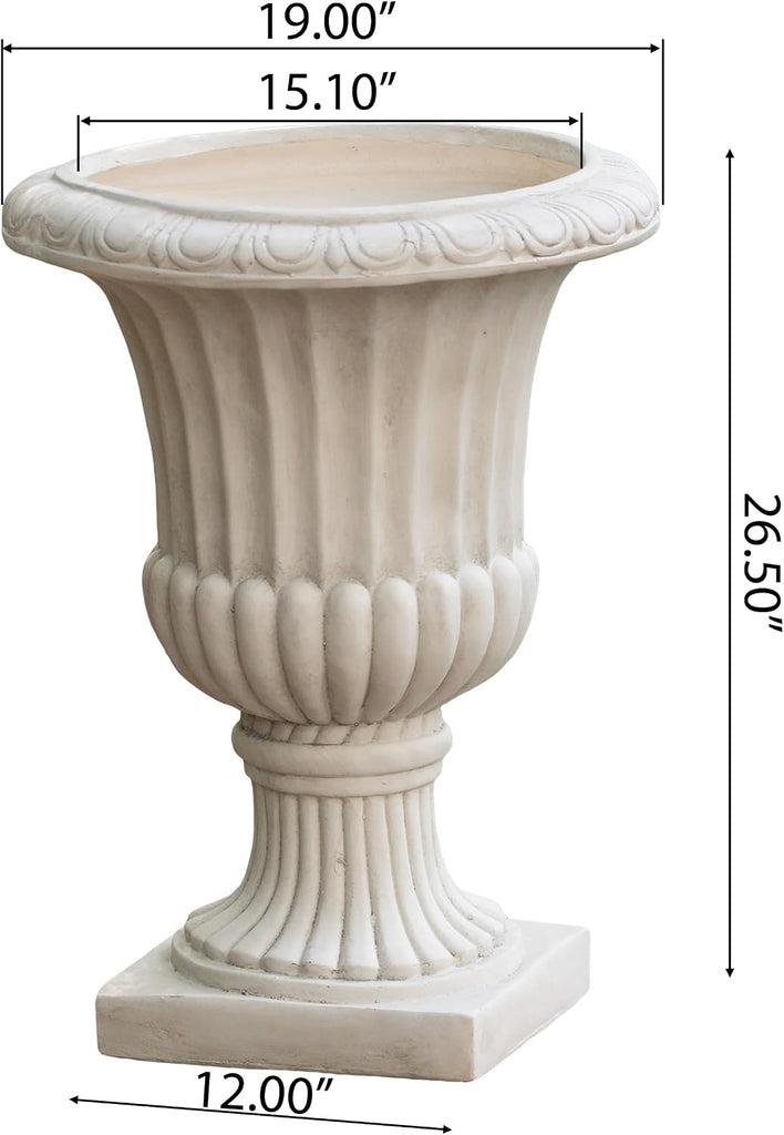 Large Urn Planter Outdoor 26.5" - Antique White Italian Garden Urn Flower Pot, Magnesium Oxide Pedestal Planters for