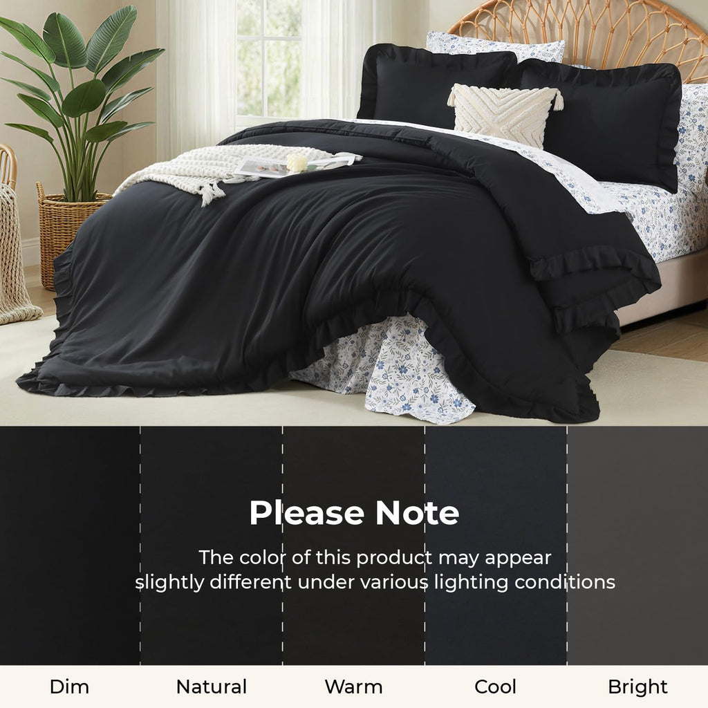 7Pcs Ruffled Black Comforter Set with Floral Sheets