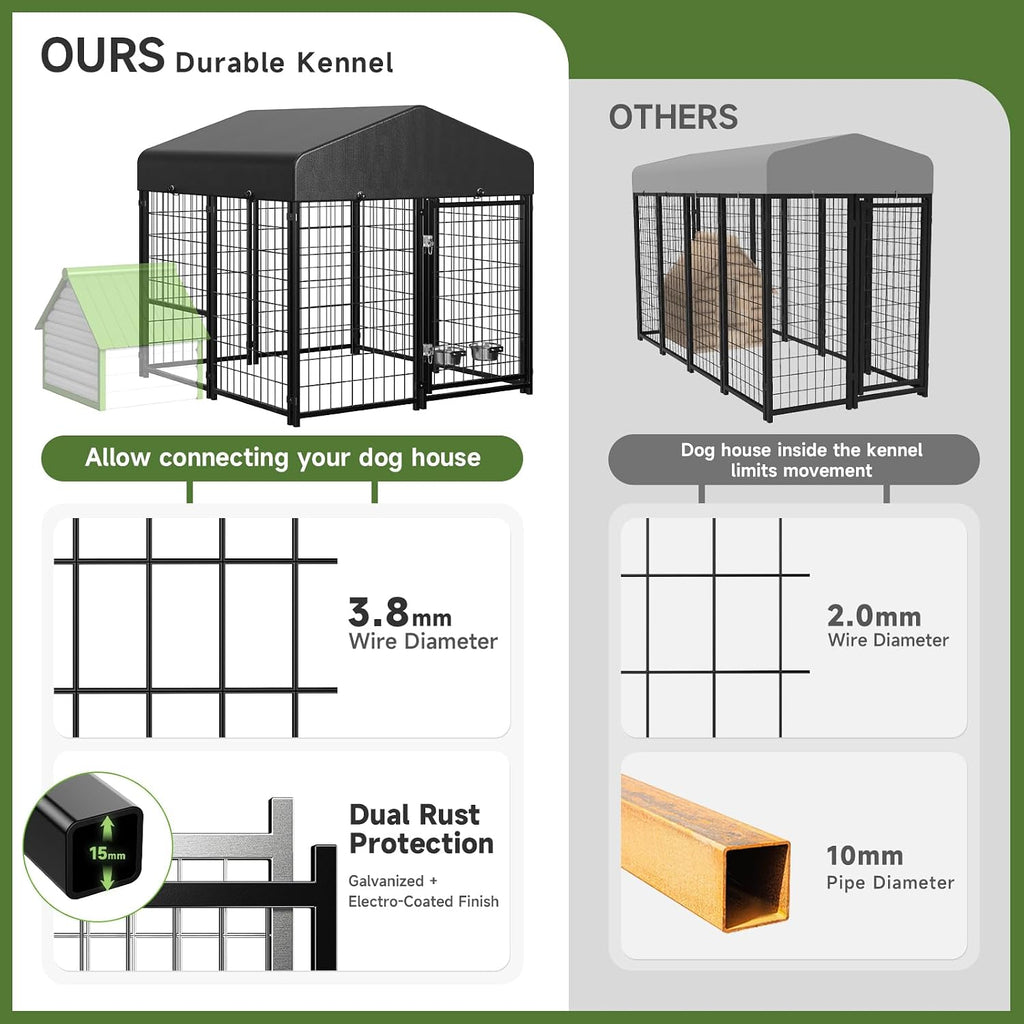Dog Kennel Outdoor, Outside Dog Kennel with Roof & Swivel Feeders/Removable Doggy Door Allow Connecting Your Dog