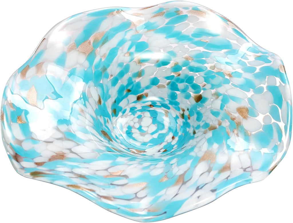 Hand Blown Murano-style Art Glass Bowl, 10.2-Inch Large Decorative Centerpiece for Table, Cobalt Blue Fruit Display &
