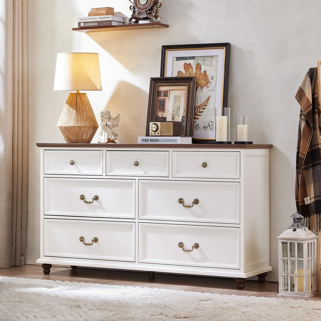Farmhouse 7 Drawers Sets of 2, White 54 Inch Wide Chest of Drawers w/ 4 Wooden Legs, Large Vintage Rustic Closet