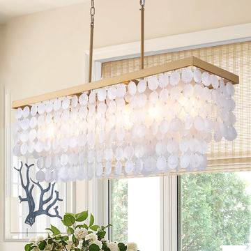Rectangular Capiz Shell Chandelier, Coastal Beach Lighting 6 Lights, Modern Gold Chandelier Shell Pendant Light