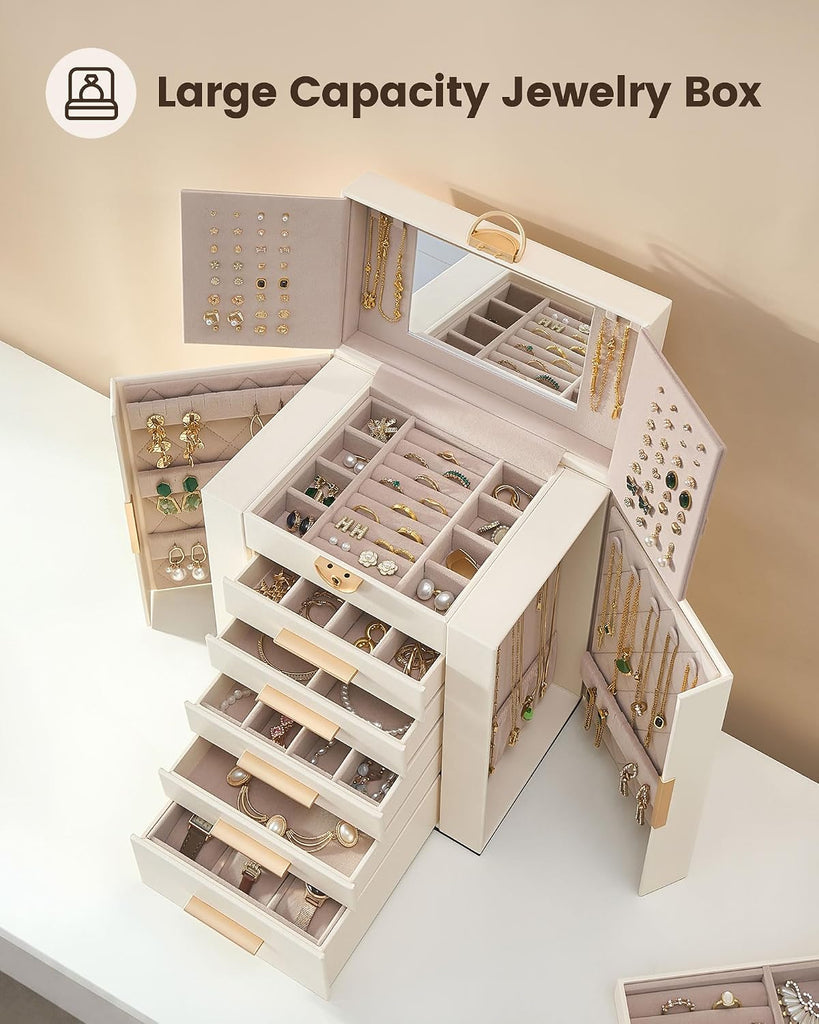 Large Jewelry Box, 6-Layer Jewelry Organizer with 5 Drawers -Beige