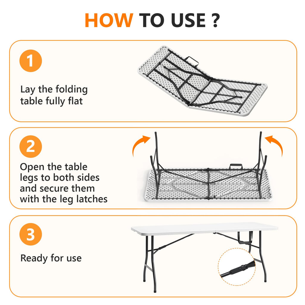 6 Foot Folding Table, Fold-in-Half Utility Table with Carrying Handle, 6FT Heavy Duty Portable Table for Party