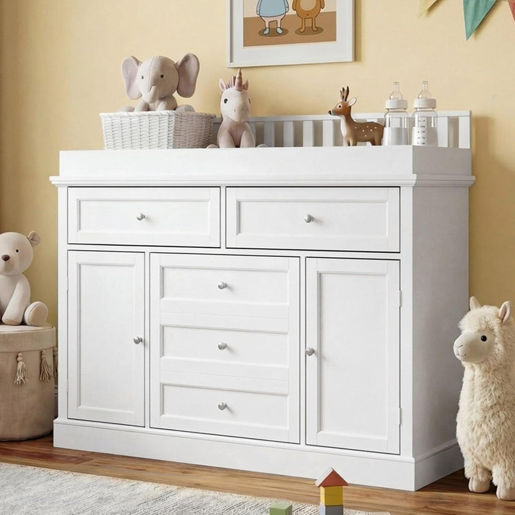 46" Baby Dresser with Changing Table Top, White Dresser with Storage Drawers and Doors, Multifunctional Nursery Baby