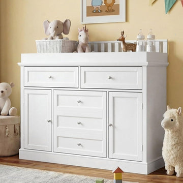 46" Baby Dresser with Changing Table Top, White Dresser with Storage Drawers and Doors , Multifunctional Nursery Baby