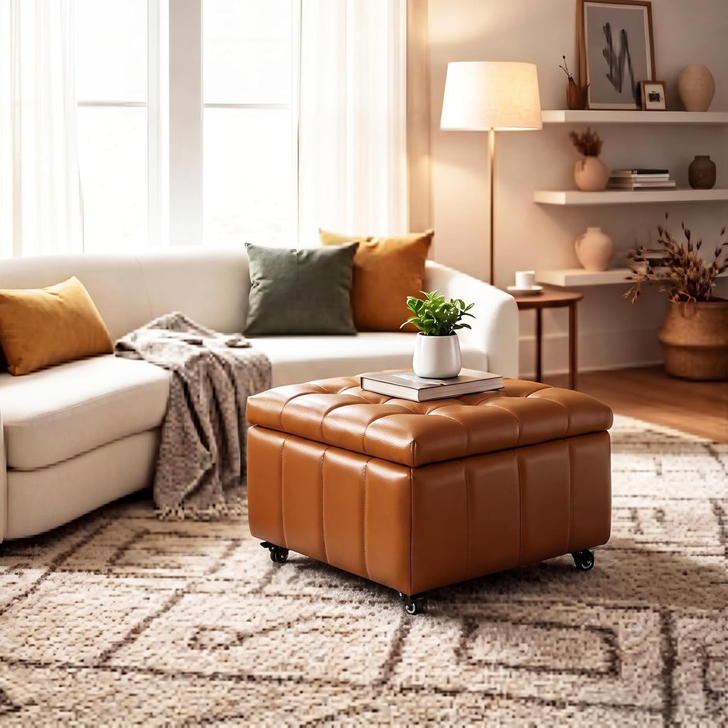 Square Leather Ottoman with Storage and Wheels,360°Rolling ottoman,Faux Leather Flip Top Storage Footstool Coffee