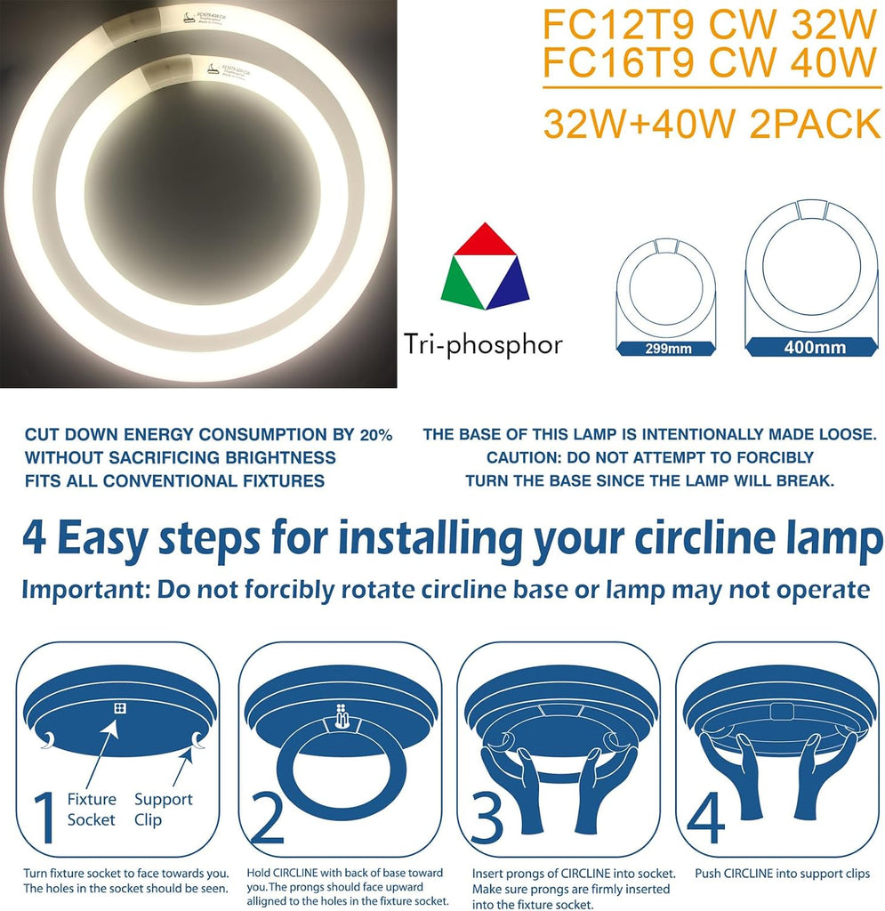40W and FC12T9/CW 32W Cool White Set, 16 inch T9 40 Watts Circular Bulb & 12 inch 32 Watts Round