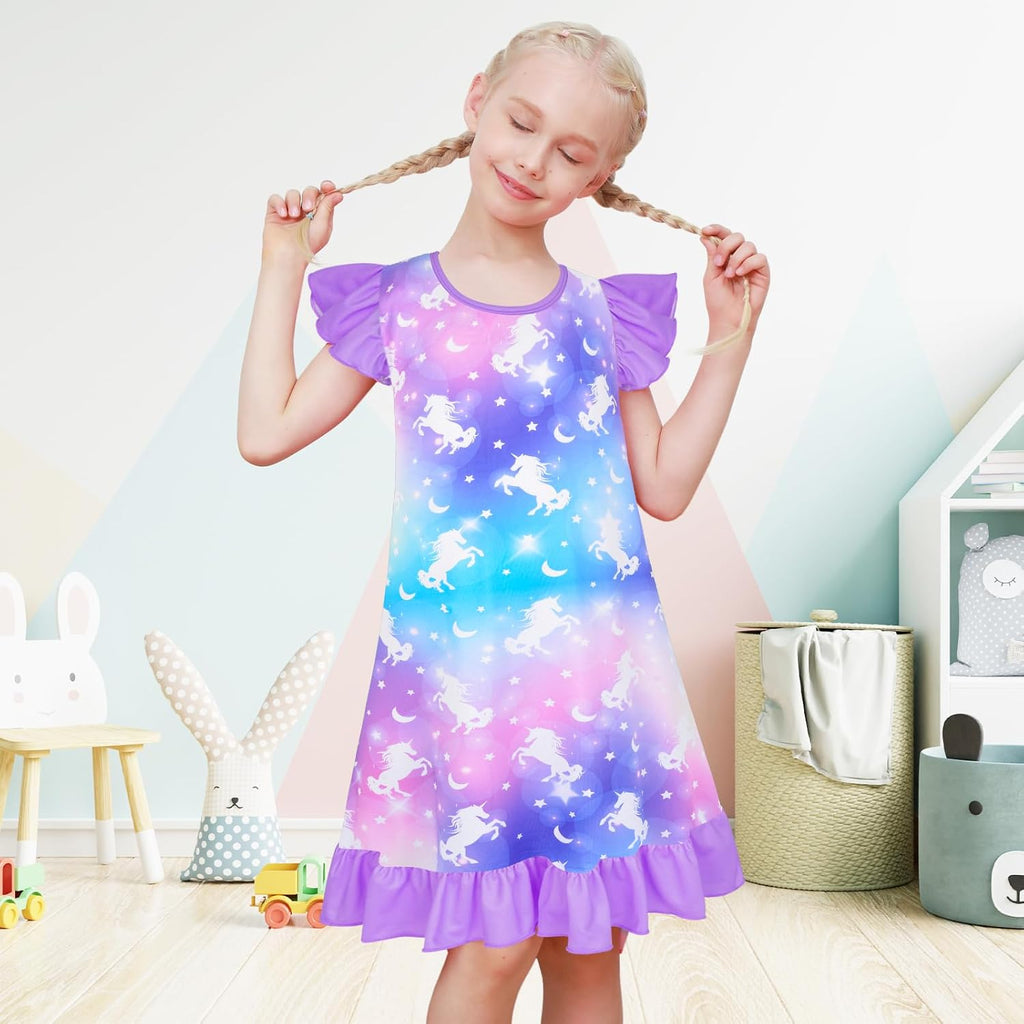 2Pcs Girls Nightgowns Unicorn Sleepwear Night Sleep Dress Pajamas Little Kids Toddler Soft Nightgown